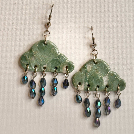 Turquoise Rain Clouds with Saphire Blue Teardrop Glass Beads Resembling Rain Drops in Staggered Tiers