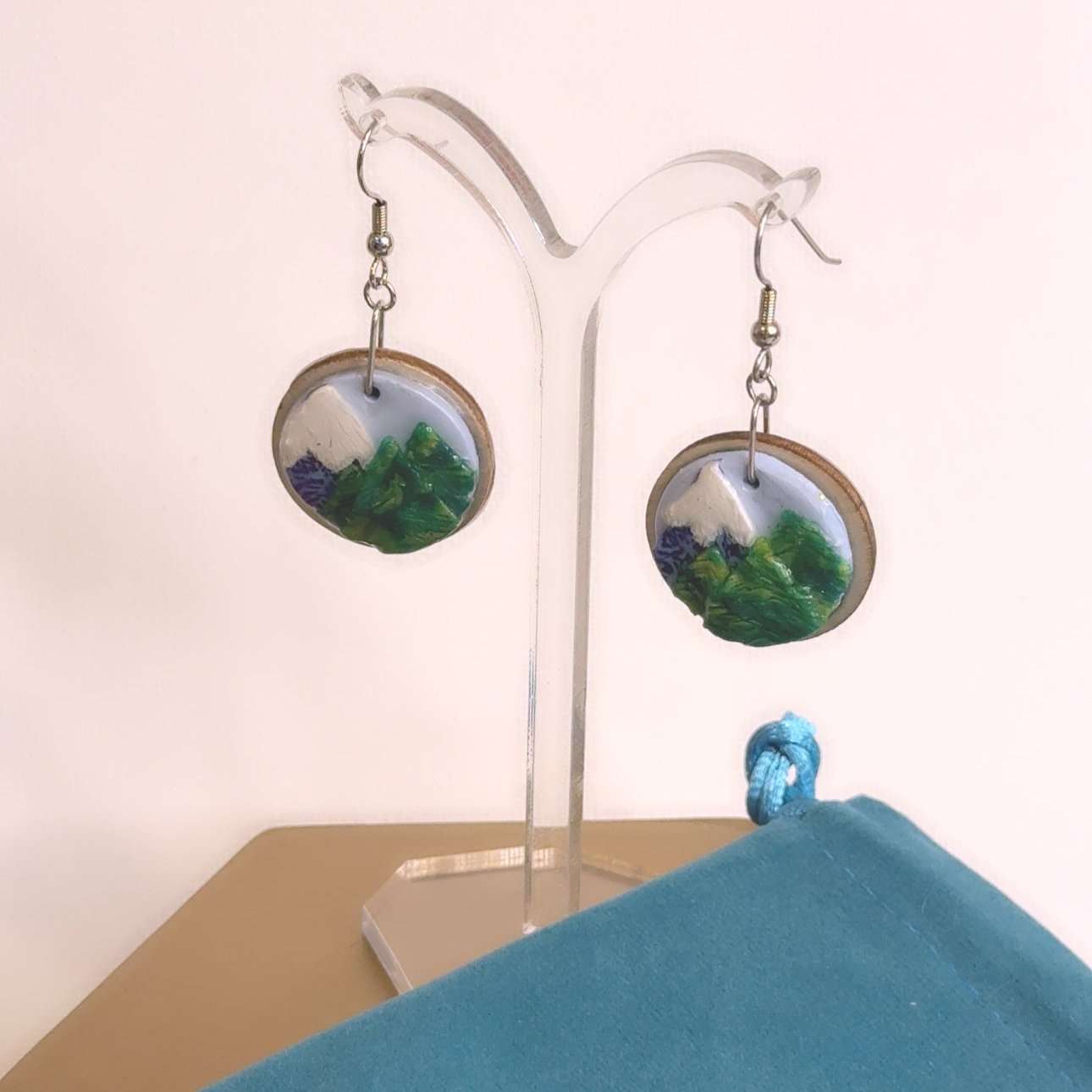Not Just North Rise Up Earrings White Snowcapped Purple Mountains with Green Pine Trees in the Foreground