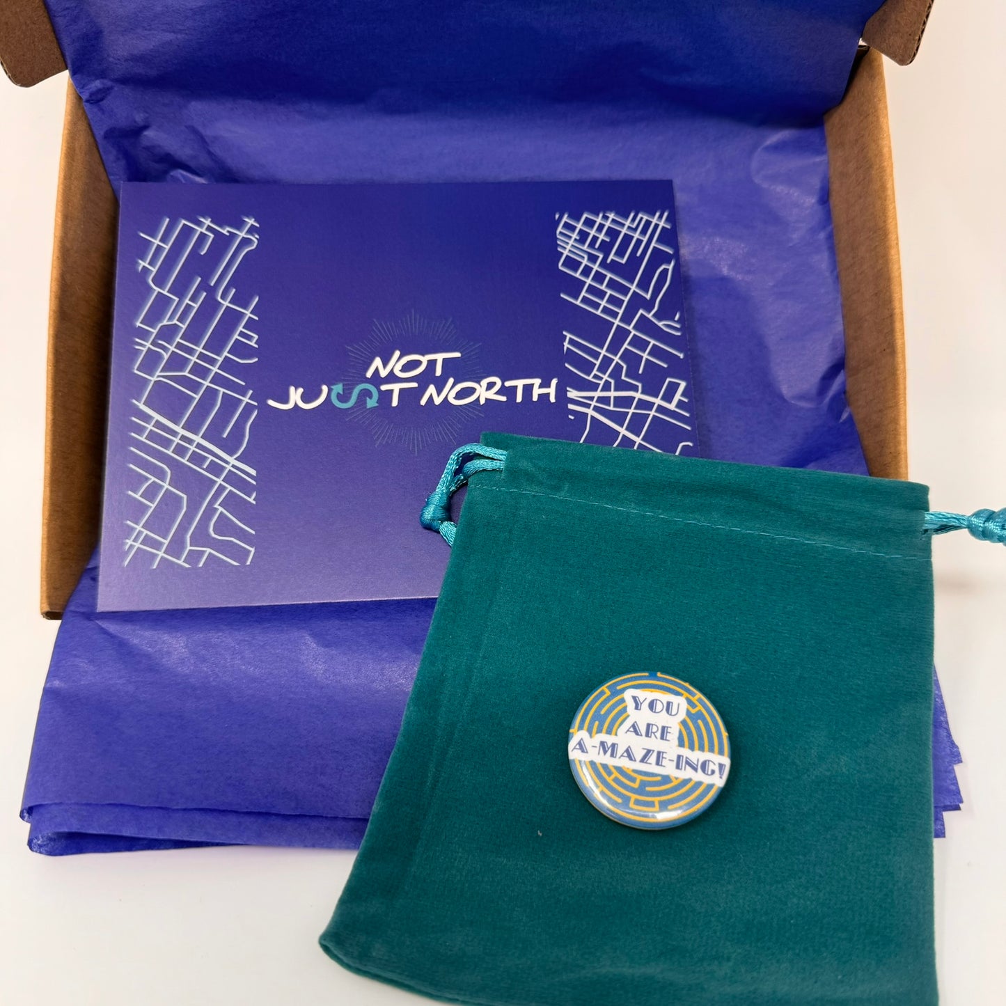 Round button saying amazing sits in the center of the button. A yellow maze on a blue background sit behind the wording. Button is on top of a teal pouch and shows the packaging items arrives in.