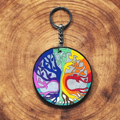 Tree design with rainbow colors in each of the branches. Circular design.