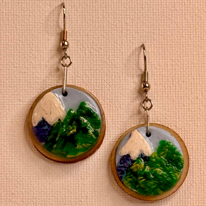 Not Just North Rise Up Earrings White Snowcapped Purple Mountains with Green Pine Trees in the Foreground