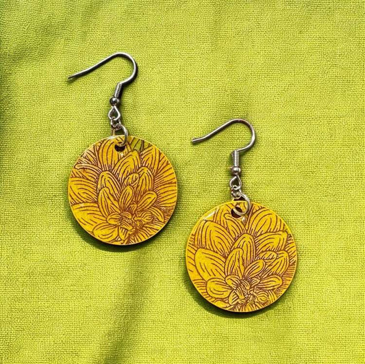 Golden Bloom Artisan Statement Earrings - Decoupage Art Jewelry Statement Earrings