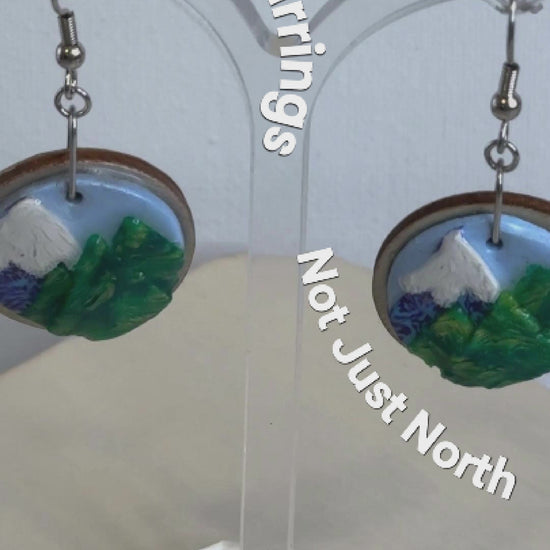 Not Just North Rise Up Earrings White Snowcapped Purple Mountains with Green Pine Trees in the Foreground