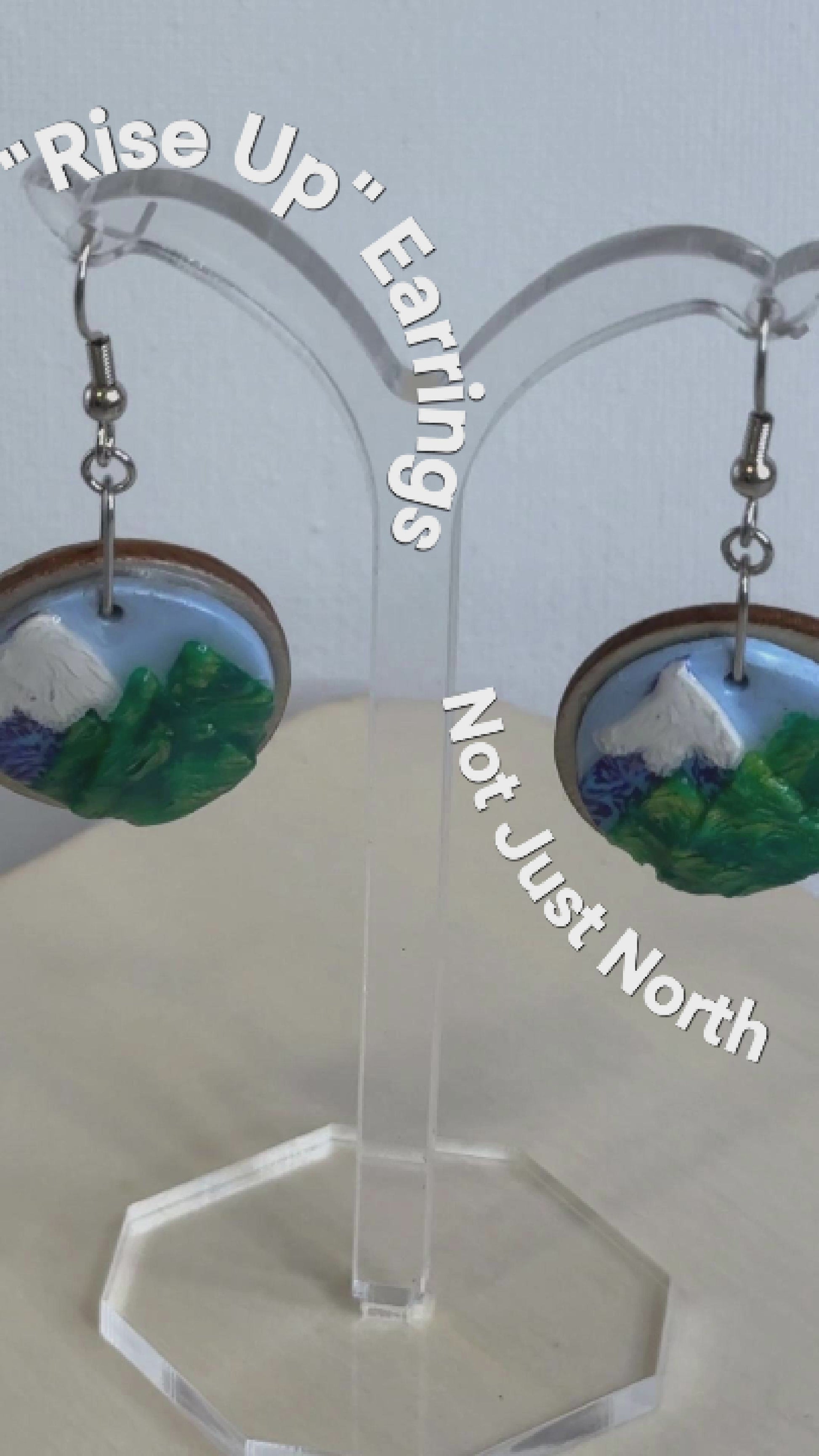Not Just North Rise Up Earrings White Snowcapped Purple Mountains with Green Pine Trees in the Foreground